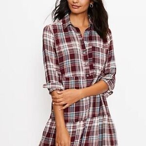 Loft Long Sleeve Tiered Plaid Dress, M
